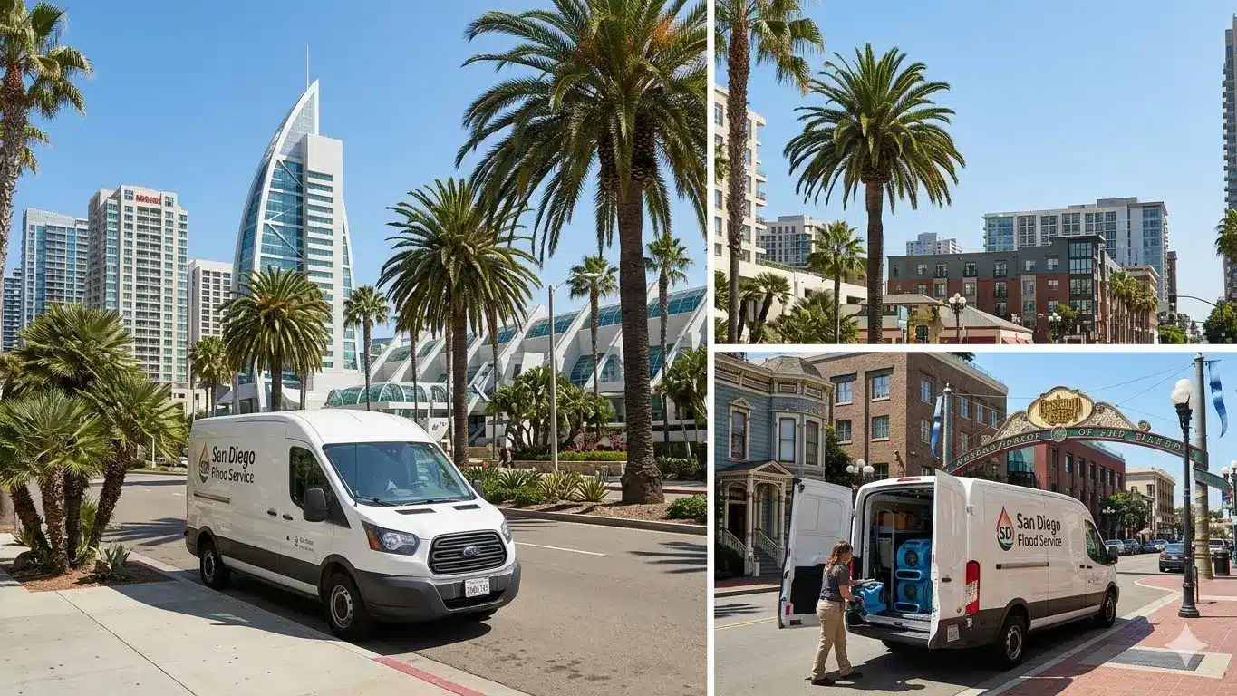 24/7 emergency commercial flood response vehicle staged in Kearny Mesa, San Diego, providing high-capacity water extraction for industrial warehouses and 92123 tech facilities.