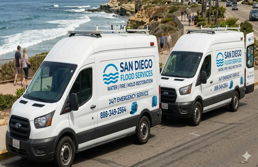 Professional flood service dispatch vehicle for high-speed water extraction in Mission Valley, San Diego County